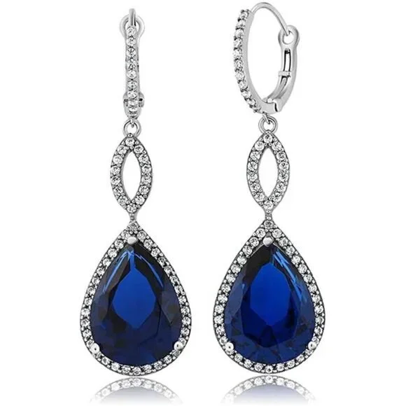20.0 Ct Tw Sterling Silver 925 Sapphire Bridal Chandelier Teardrop Earrings