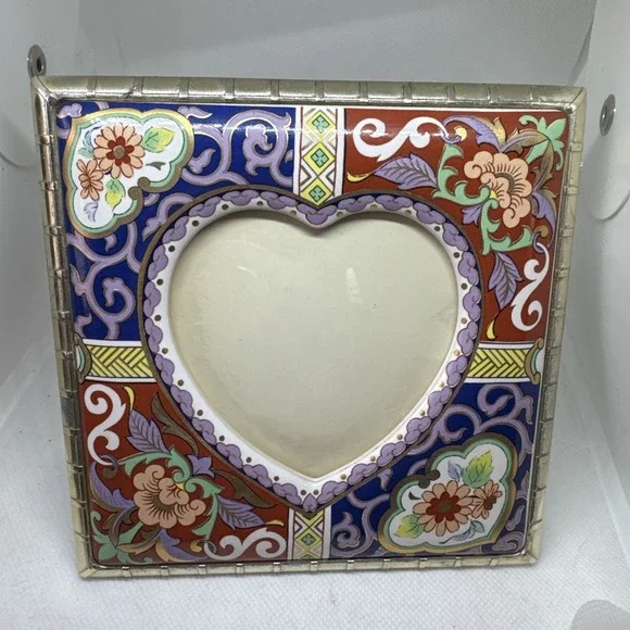 Vintage Cloisonné Picture Frame Japan Silver Plate Square Heart 5.5