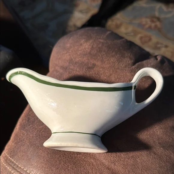 Elegant White Gravy Boat with Green Trim