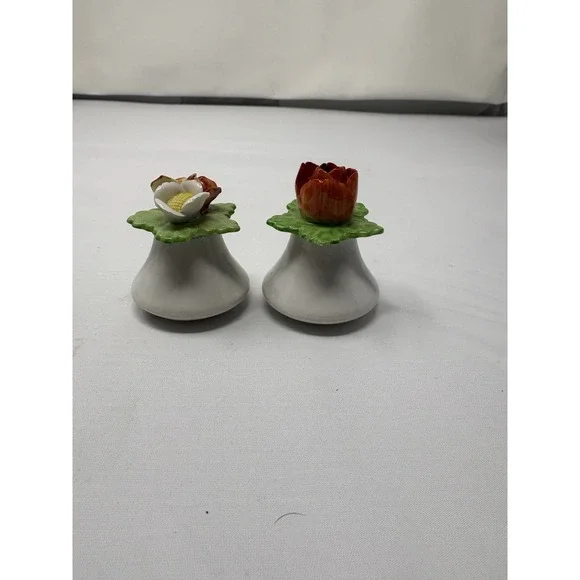 Vintage Dainty Floral Bone China Salt & Pepper Shakers Japan Red White Yellow