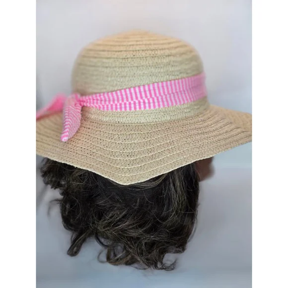 Girls Unbranded Straw Sun Hat with Pink Stripe Bow One Size