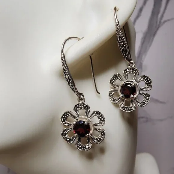 925 Silver Garnet and Marcasite Floral Drop Earrings