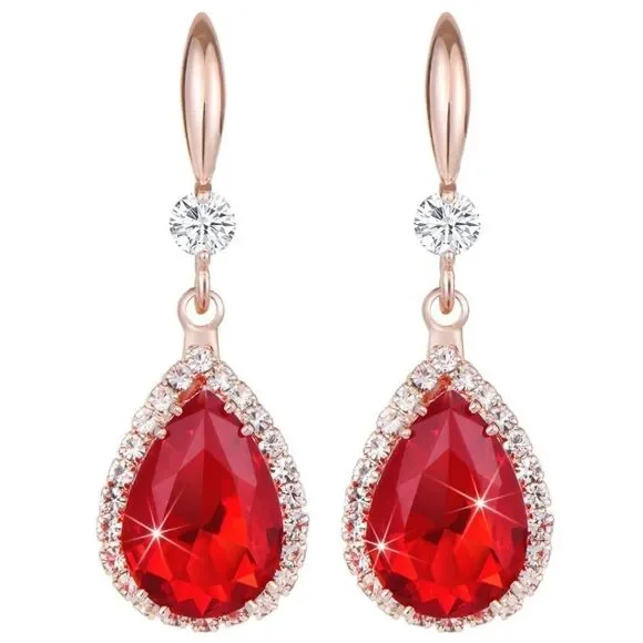14K Rose Gold with Ruby Red Cubic Zirconia Teardrop Hook Dangling Earrings