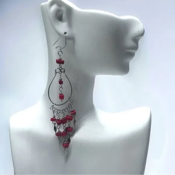 💄RED AGATE💄Handcrafted Vintage Peruvian Chandelier Earrings l 925 hook l EUC