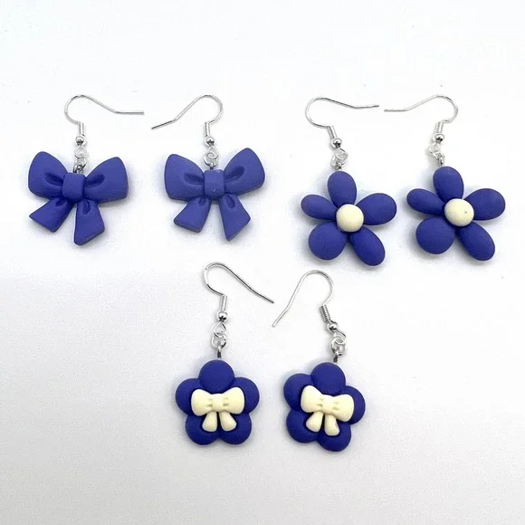 Ribbon Earrings - Bow Earrings - Flower Earrings - Indigo Blue Clay Earrings
