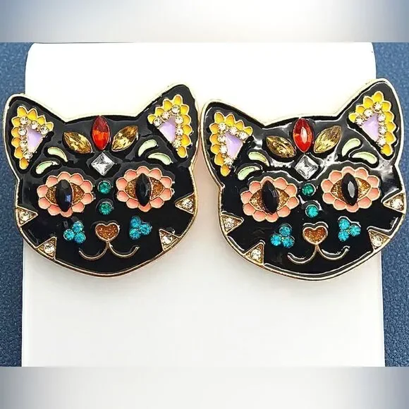 EARRINGS! Betsey Johnson Kitty Kat Rhinestone and Steel Stud Earrings BNWT