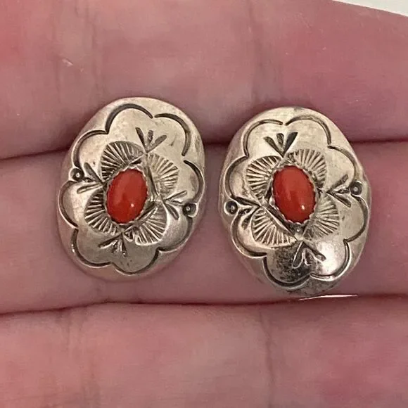 Navajo Larry Sandoval Coral Oval Concho Sterling Silver Earrings