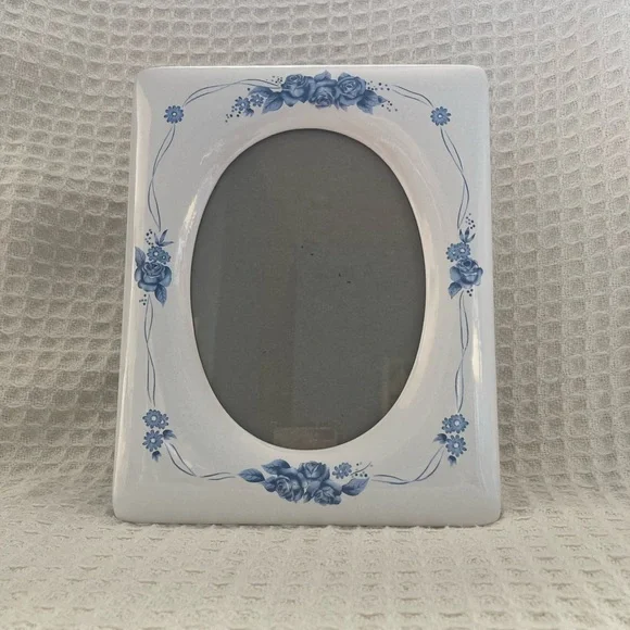Ceramic White Frame With Blue Flower Print Design EUC