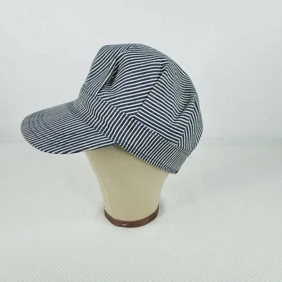 Vintage Engineer Train Conductor Hat Cap Blue White Striped Snapback Made USA
