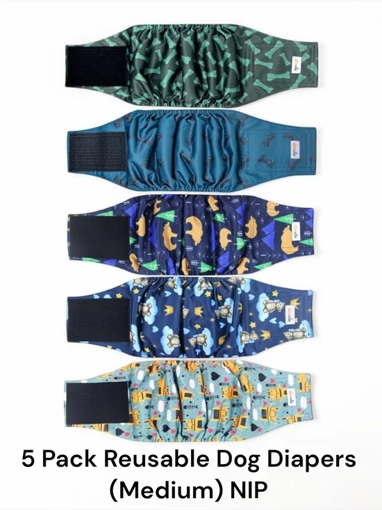 5 Pack Male Dog Diapers Belly Bands Medium Washable Reusable NWT