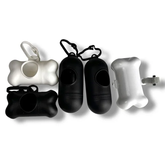 Dog Poop Bag Dispenser Bone Shape Holder Set Black White Leash Attachment C14Q‎