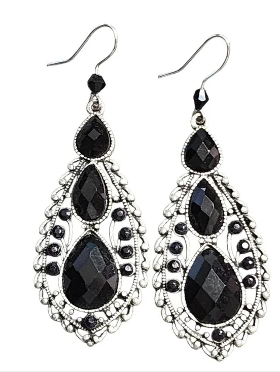 Black Teardrop Filigree Dangle Earrings