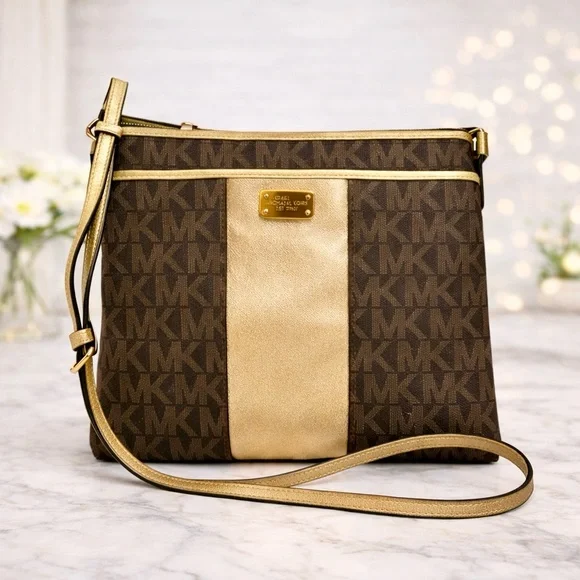 Michael Kors Jet Set Center Stripe Messenger Crossbody Brown/Gold