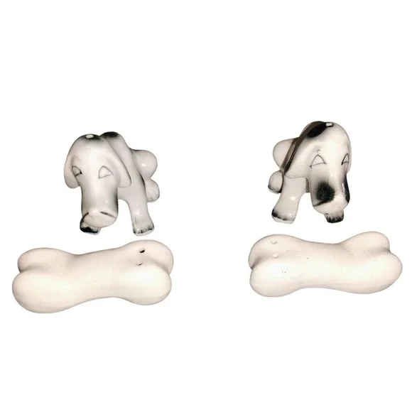 Vintage‎ Japan Dog Salt & Pepper Shakers Bone Stoppers Mid Century Ceramic