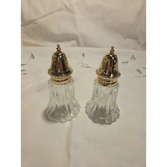 Vintage Salt And Pepper Shaker Set Pressed Glass And Gold Plated Tops