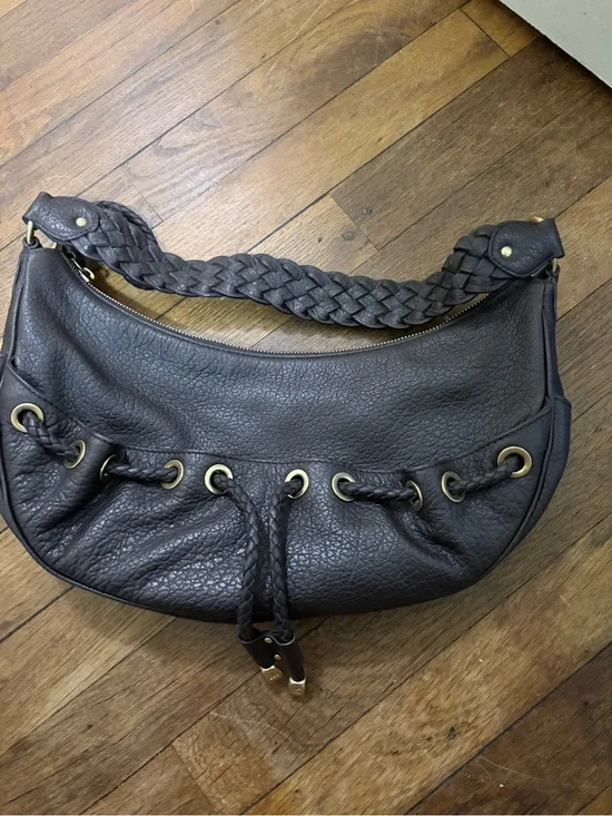 Michael Kors Vintage Braided Handle Pebble Leather Hobo - Dark Brown