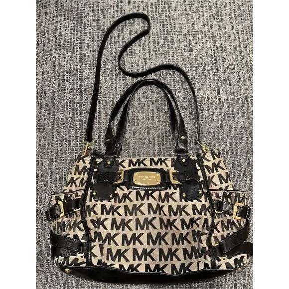 Michael Kors Large Zip Crossbody Bag with Top Handle Black canvas Monogram