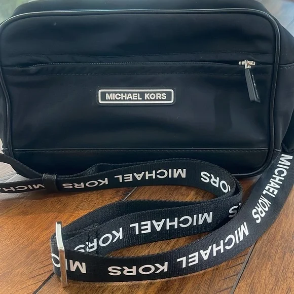 Michael Kors black white nylon camera crossbody bag webbing logo strap