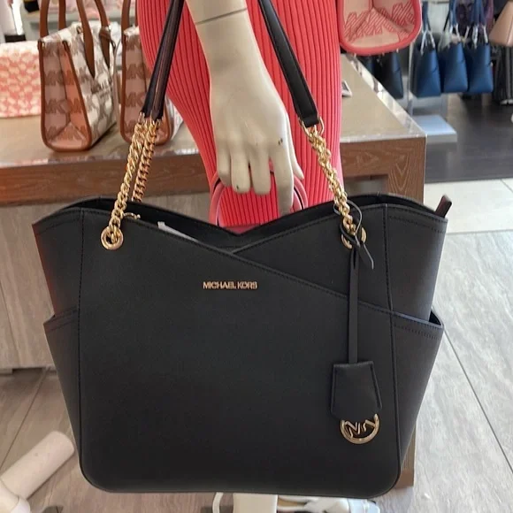 Michael Kors Jet Set Travel Large Chained Tote Shoulder Bag MK Black NWT