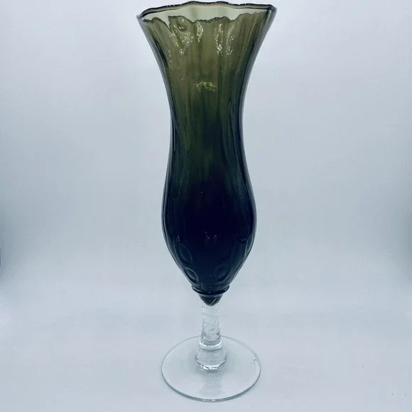 Smoke Glass Handblown Vase Footed Pedestal Textured Ruffled Green Gray 10