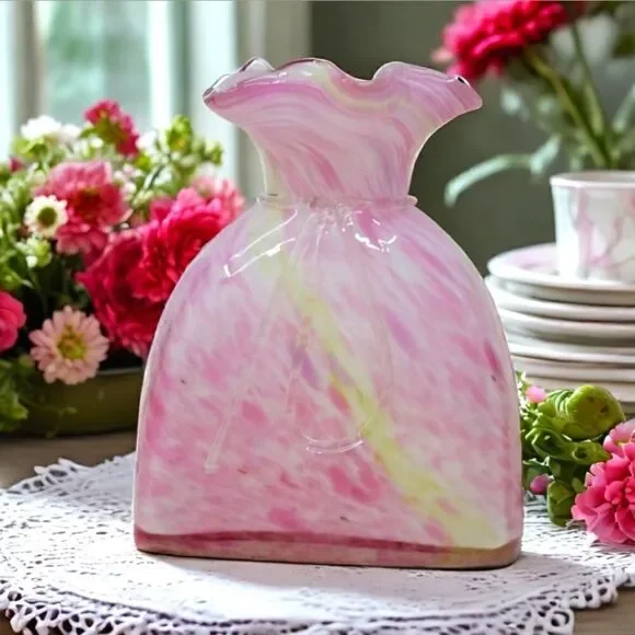 Vintage Murano Style Pink Cased Art Glass Tied Gift Bag Swirl Vase