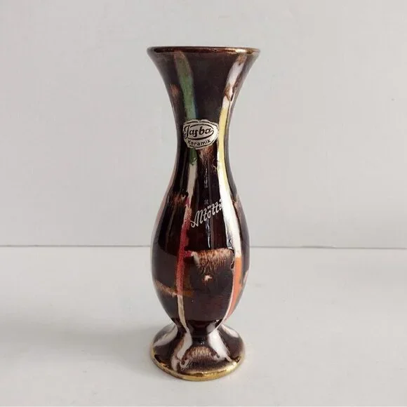 Vintage Jasbo Keramik Bud Vase Altotting Germany Brown Drip Glaze Mid Century
