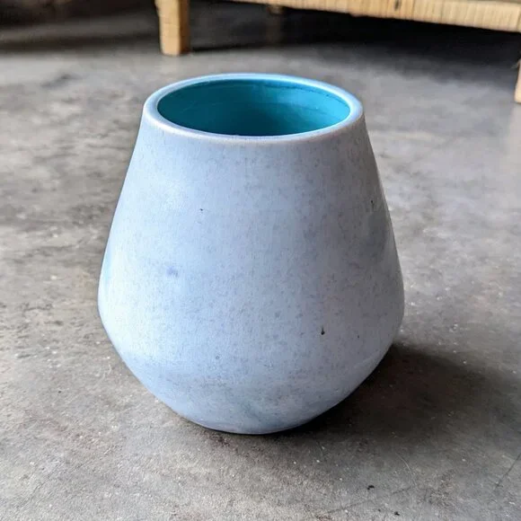 Vintage Cottagecore Shabby Chic Blue Painted Wide Mouth Ceramic Vase