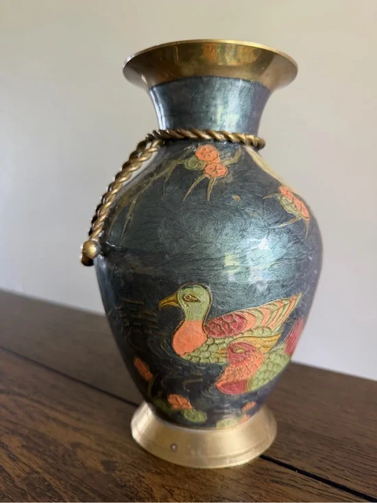 Vintage Brass CLOISONNE VASE Hand Painted 9.5