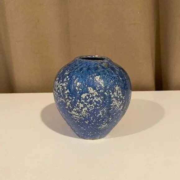 Antique Blue Spongeware Pottery Vase‎ - 6” Small Rustic Vintage Decor