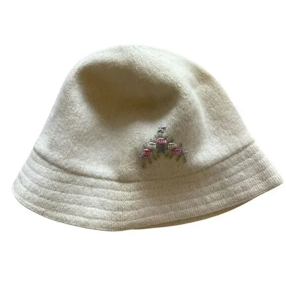 Vintage Berkshire Fashions Lambswool Angora Bucket Winter Hat Girl Embroidered