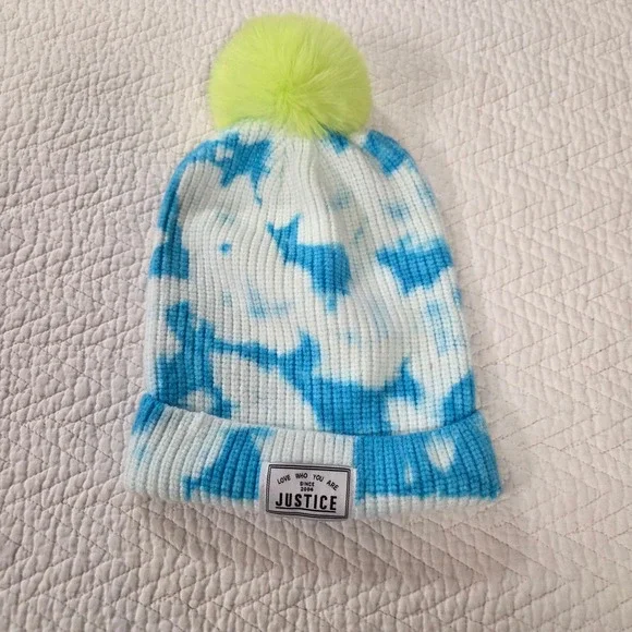 Justice Girls Blue White Tie Dye Ribbed Knit Beanie Hat Lime Green Pom Pom