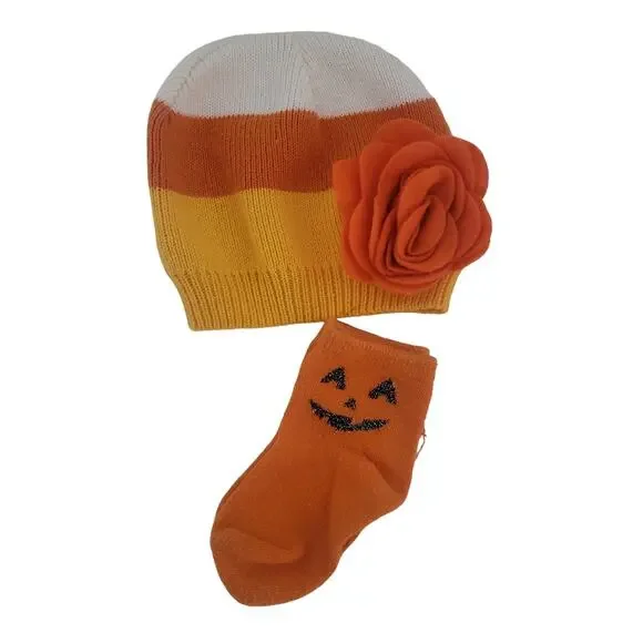 6-12M Fall candy corn hat and pumpkin socks