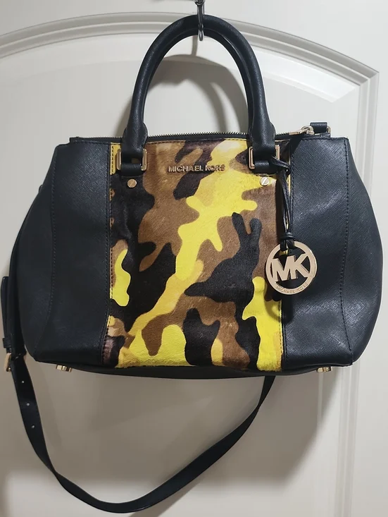 Michael Kors Black Leather Satchel with Yellow and Brown Camo Panel