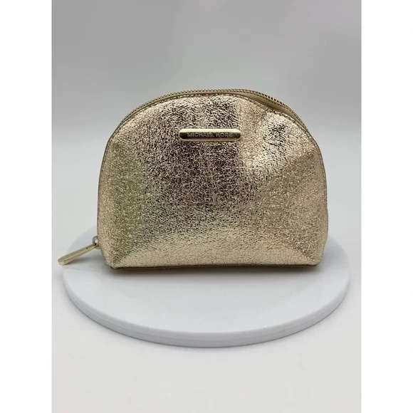 MICHAEL KORS Gold Clutch Pouch Bag Metallic Crackle Dome Cosmetic‎ Makeup Travel