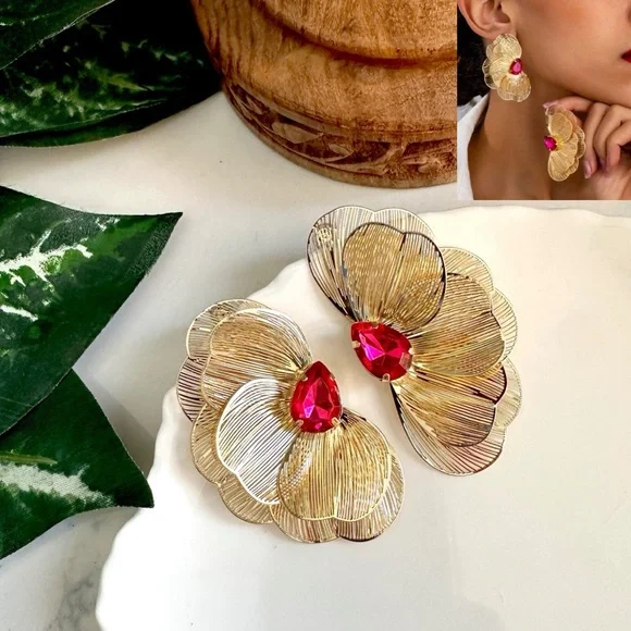 Gold Metal Flower Earrings Pink Stone Delicate Petals Jumbo Garden Jewelry NEW