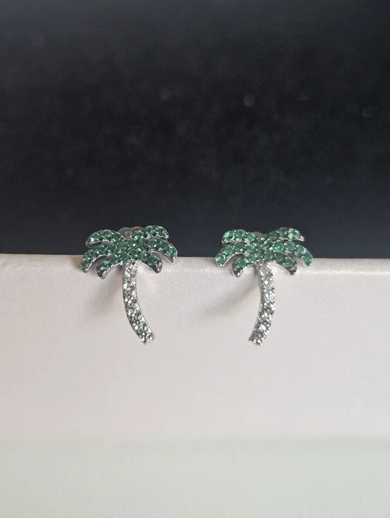 925 Sterling Silver Palm Tree Pavé CZ Pushback Stud Earrings
