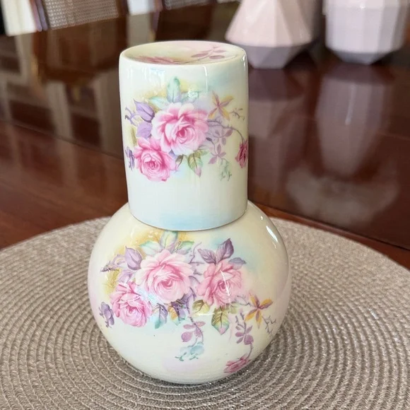 Vintage Floral Ceramic Vase or water pitcher with cup to cover the top