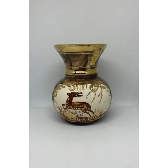 Vintage‎ H Bequet Brown Stag Deer Hand Painted Porcelain Vase Belgium