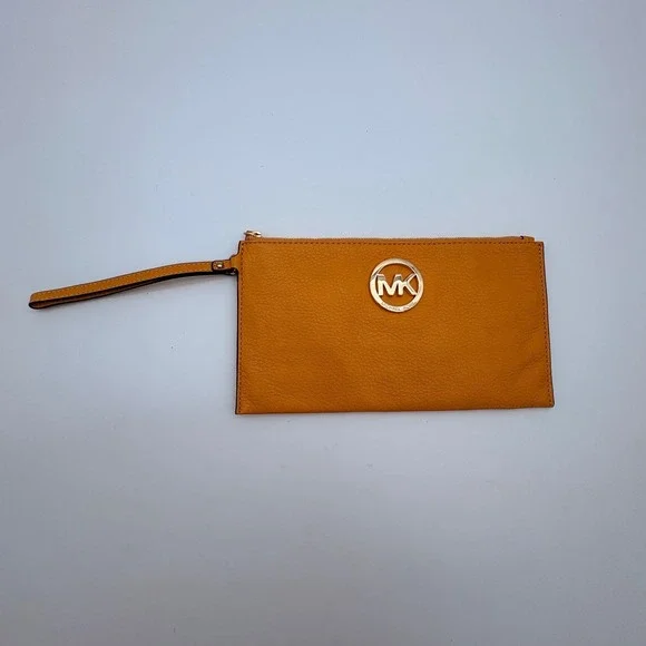 Michael Kors Fulton Orange Pebbled Leather Wristlet Gold MK Logo Zip Clutch‎