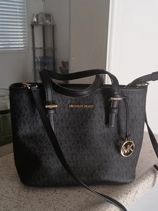 Michael Kors Jet Set Travel Extra-Small Logo Top-Zip Tote Bag in black, featurin