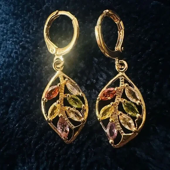 Vintage Style Golden Leaf Earrings with Multiple Colored Stones Grandmac