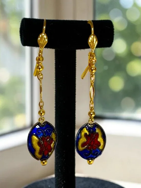Blue Cloisonné Floral Butterfly Dangle Earrings Gold Leverback 2.75