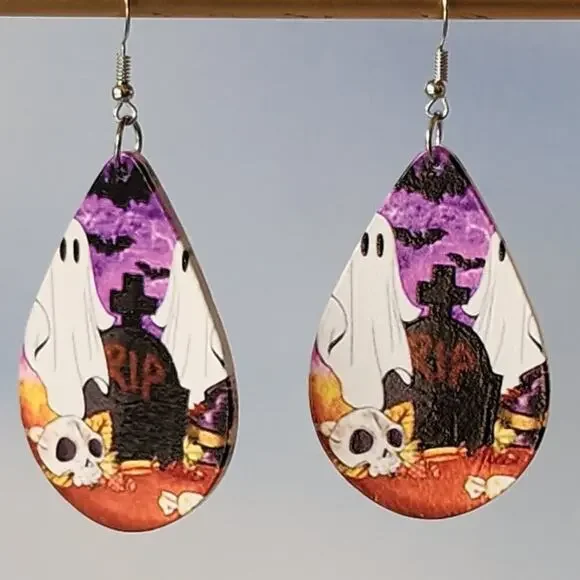 Ghost Graveyard Teardrop Earrings Lightweight Wood New