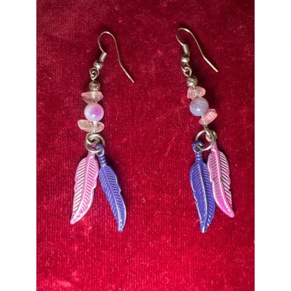 Boho Feather Earrings Pink Purple Beaded Dangle Drop Tribal‎ Festival