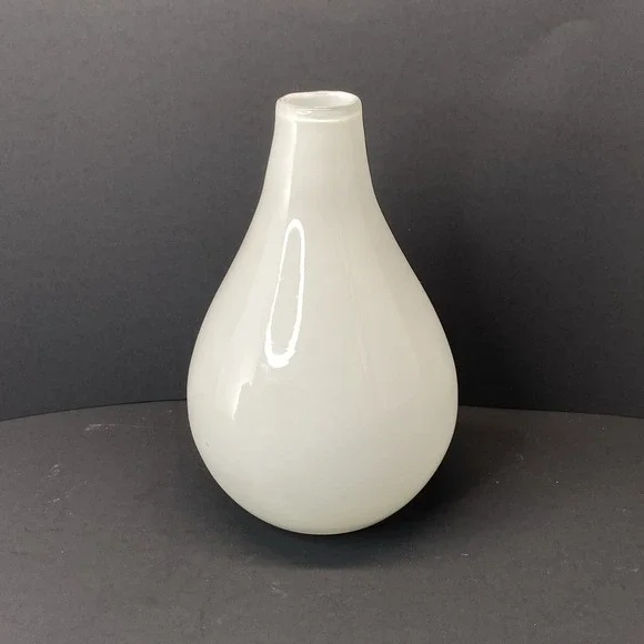 White Vase Teardrop Art Glass Minimalist Clean Handblown Heavy 7 1/4