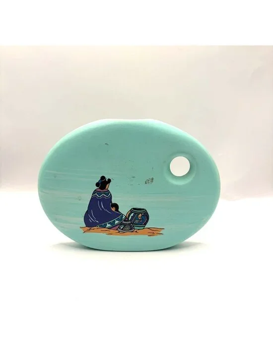 Vintage Southwest Ceramic Turquoise Bud Vase with Hand-Painted Native American F