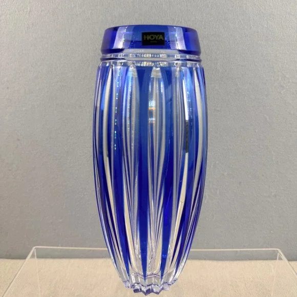Hoya Cobalt Blue Cut Crystal Vase Japanese Modernist Faceted 8