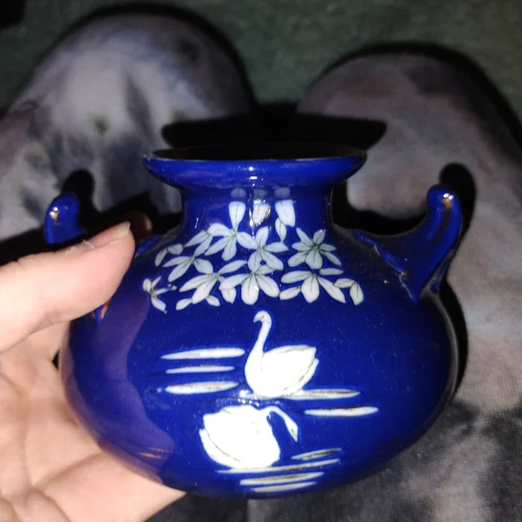 Vintage Blue Ceramic Vase with Swan Design