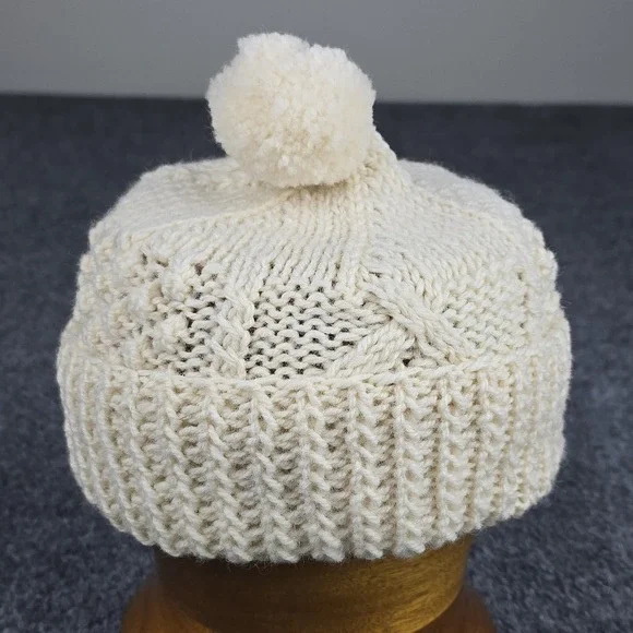 John Molloy Aran Wool Pom Beanie XS Child Cream Ireland‎ Hand Knit 100% Wool