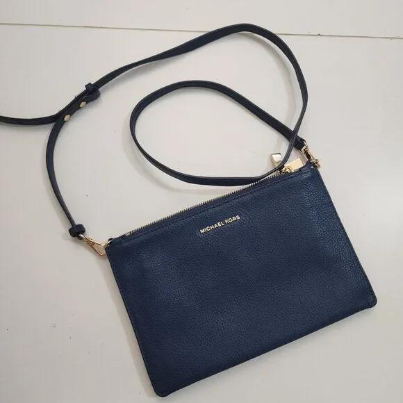 Michael Kors Navy Blue Jet Set Large Leather Double Pouch Crossbody Purse